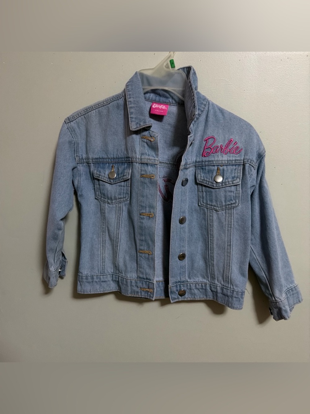 Kids Barbie  Light Blue Denim Jacket with Pink Script Logo